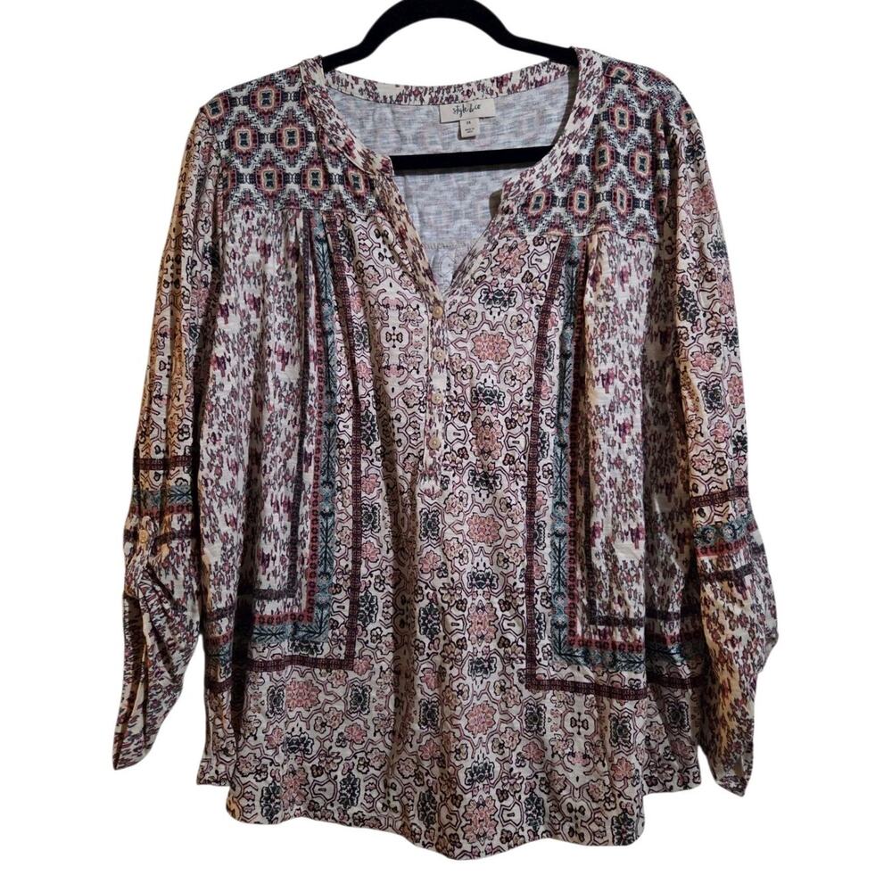 Style & Co Womens 2X Boho Printed Split Neck Pop Over Top Roll Tab Sleeve Hippie